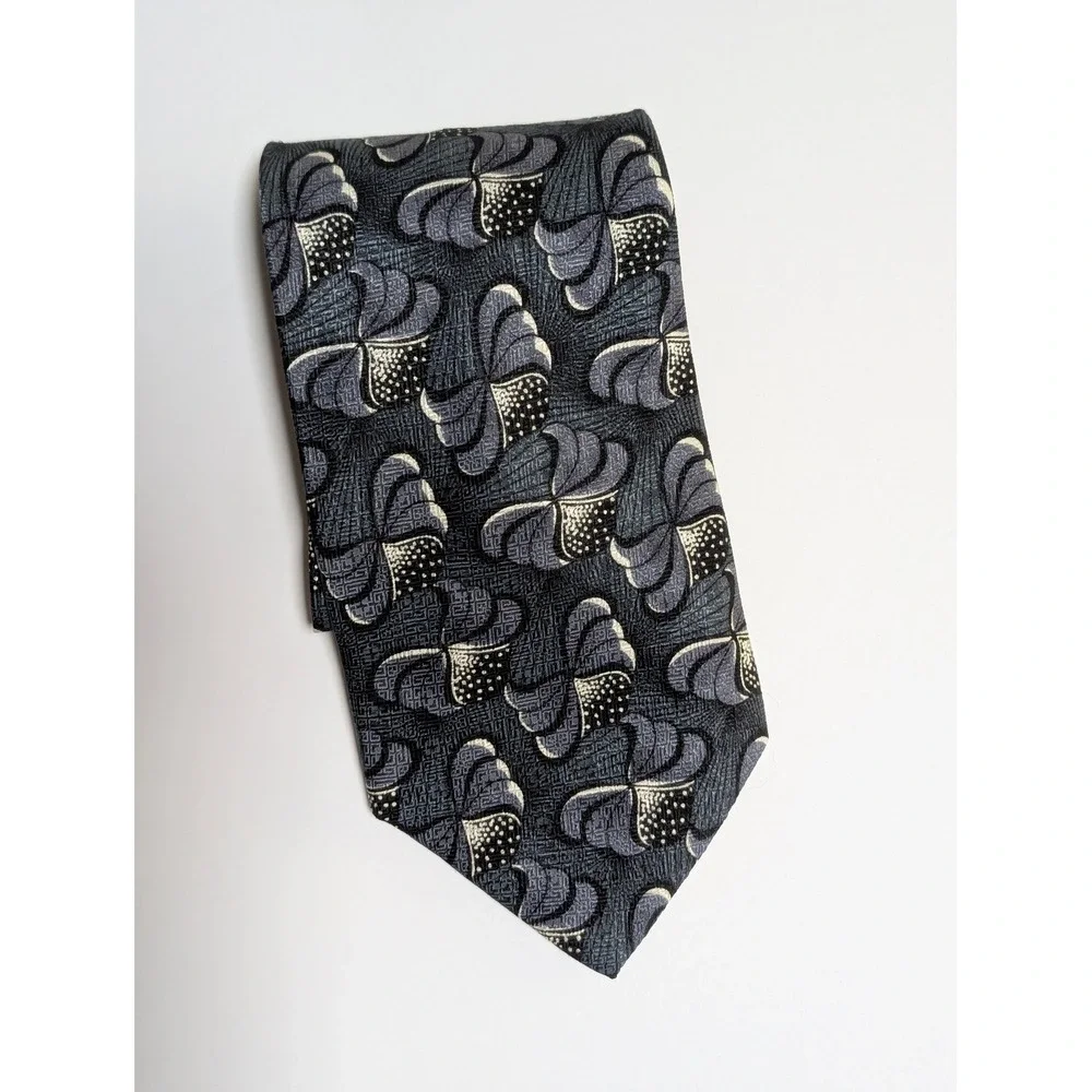 J Blades & Co Mens Silk Tie Grey Black White Abstract Geometric Monterey Bay USA